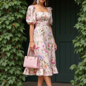 Floral Puff-Sleeve Midi Dress